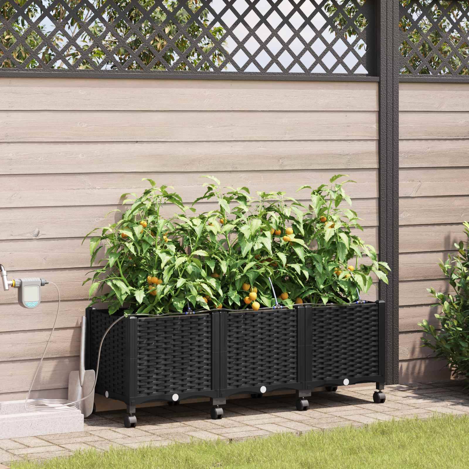vidaXL Garten Blumenkübel mit Bewässerung und Rädern 3 Stk. Schwarz PP