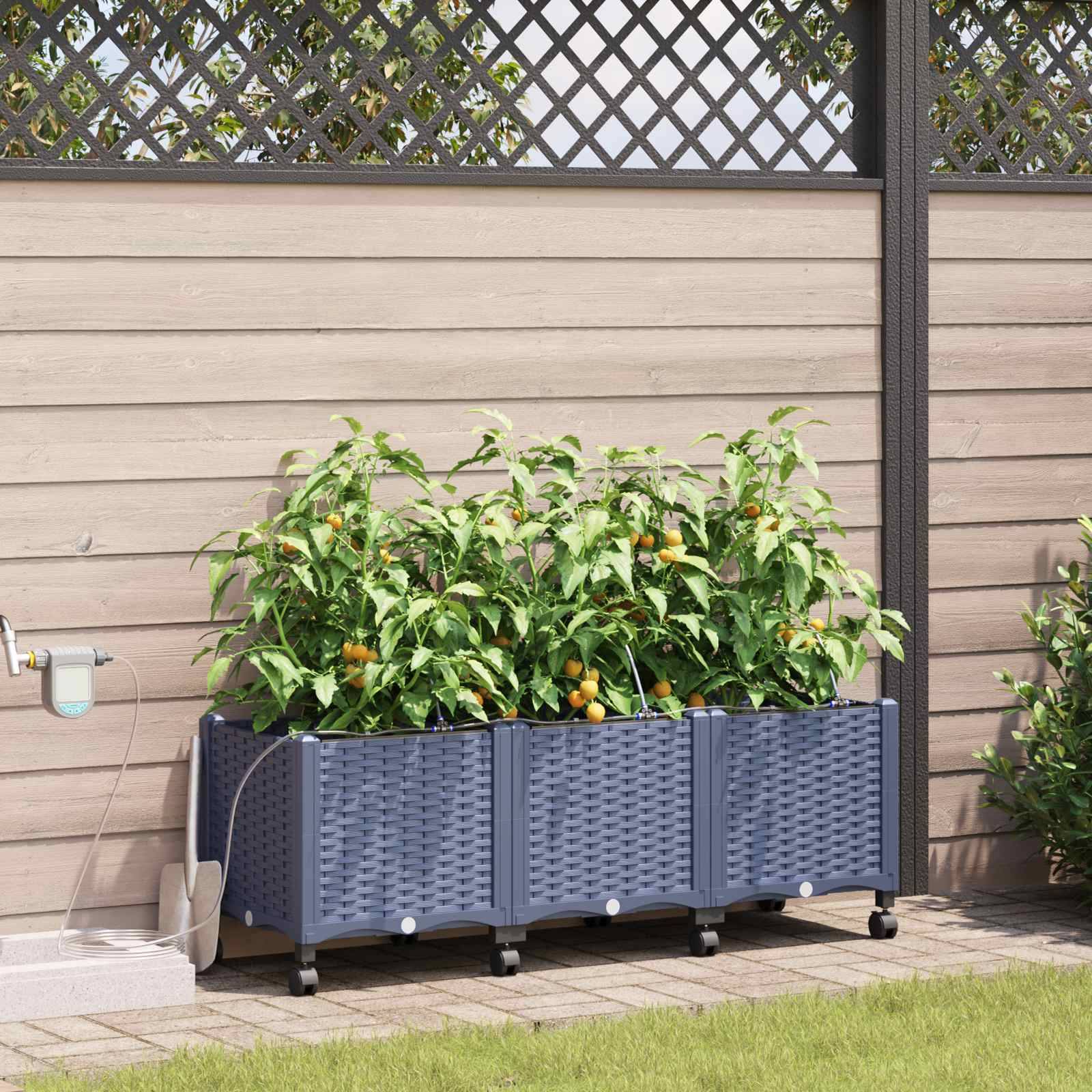 vidaXL Garten Blumenkübel mit Bewässerung und Rädern 3 Stk. Grau PP