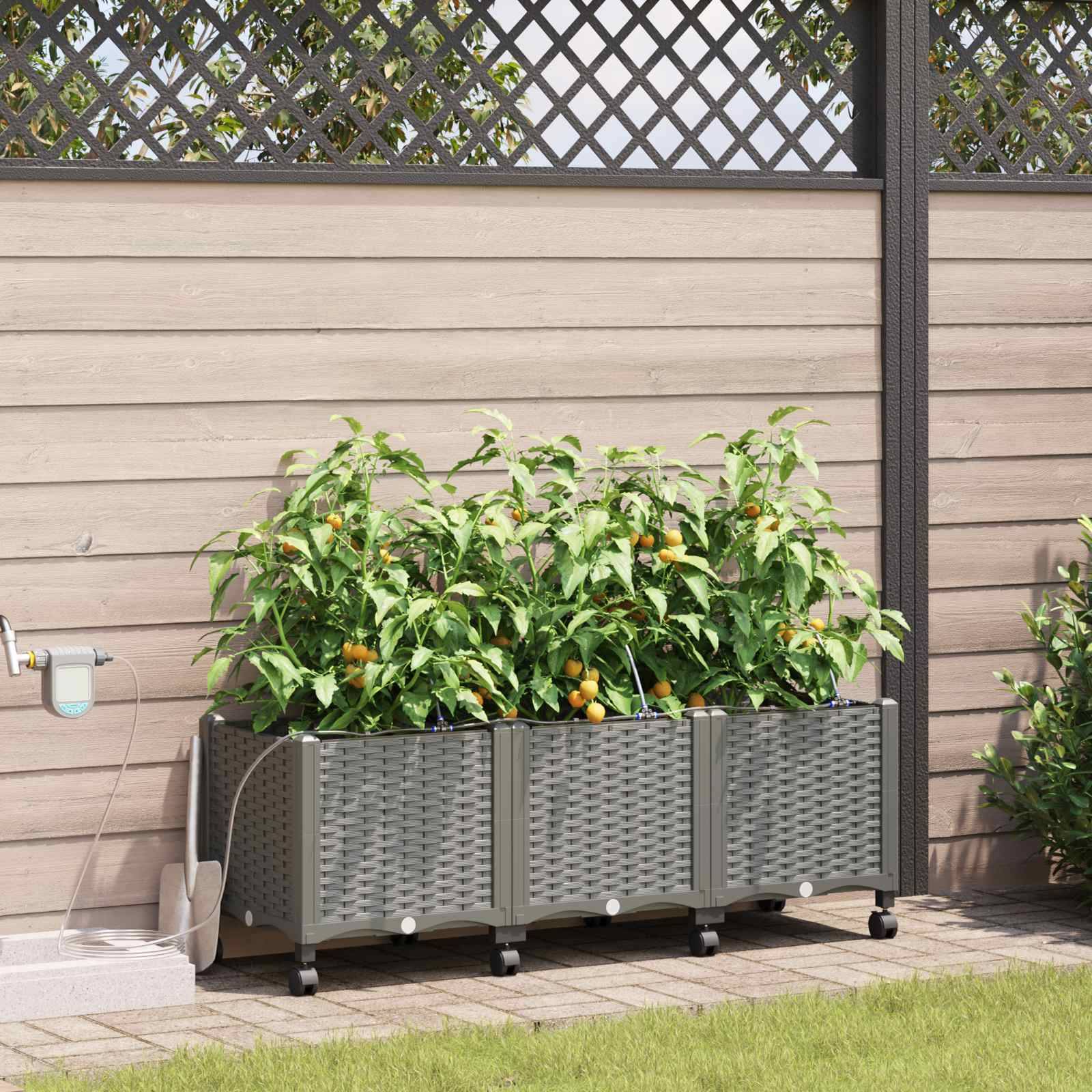 vidaXL Garten Blumenkübel mit Bewässerung und Rädern 3 Stk. Hellgrau