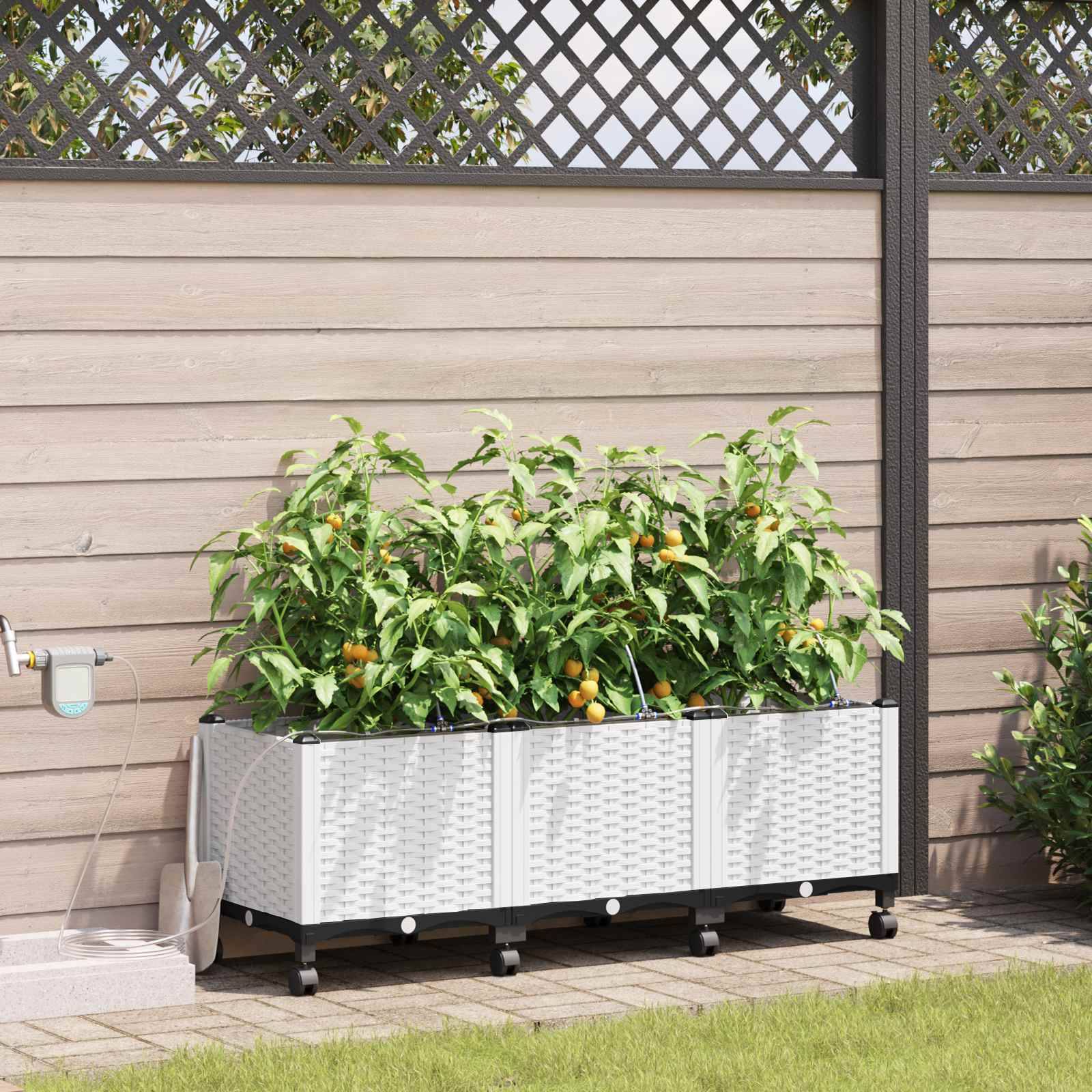 vidaXL Garten Blumenkübel mit Bewässerung und Rädern 3 Stk. Weiß PP