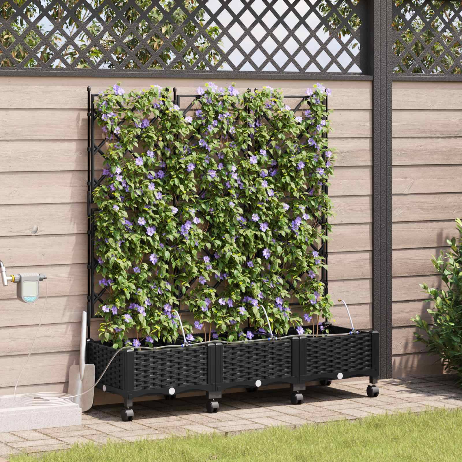 vidaXL Garten Blumenkübel mit Bewässerung und Rädern 3 Stk. Schwarz PP