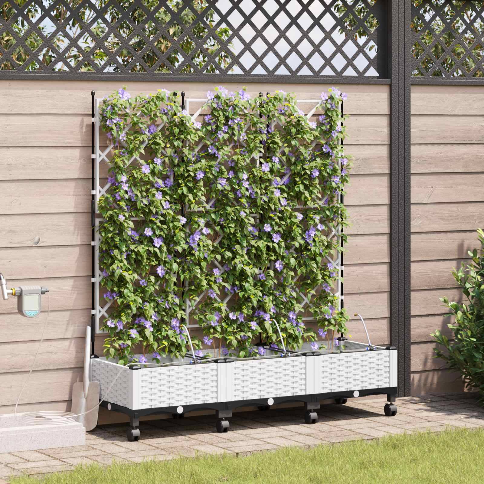 vidaXL Garten Blumenkübel mit Bewässerung und Rädern 3 Stk. Weiß PP