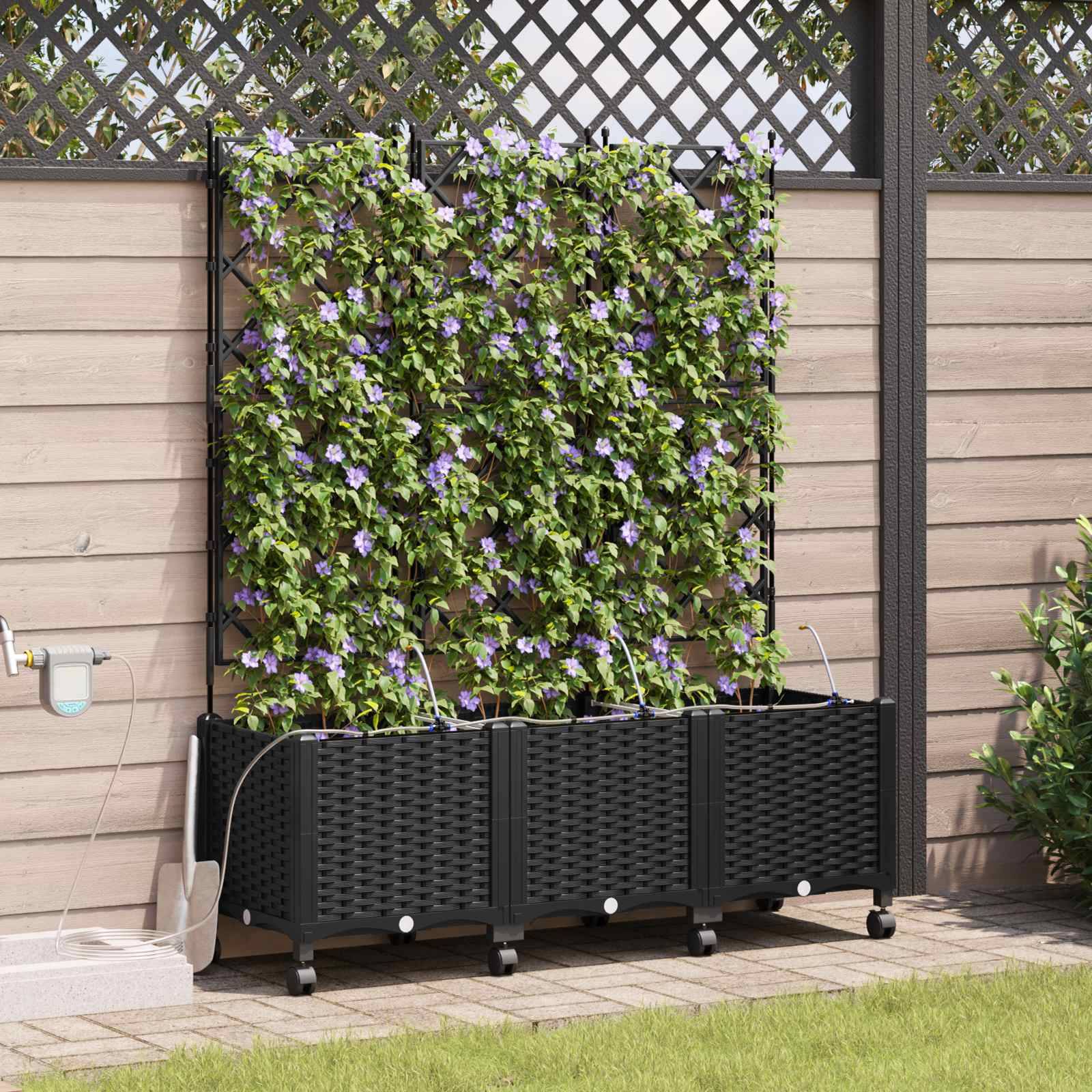 vidaXL Garten Blumenkübel mit Bewässerung und Rädern 3 Stk. Schwarz PP