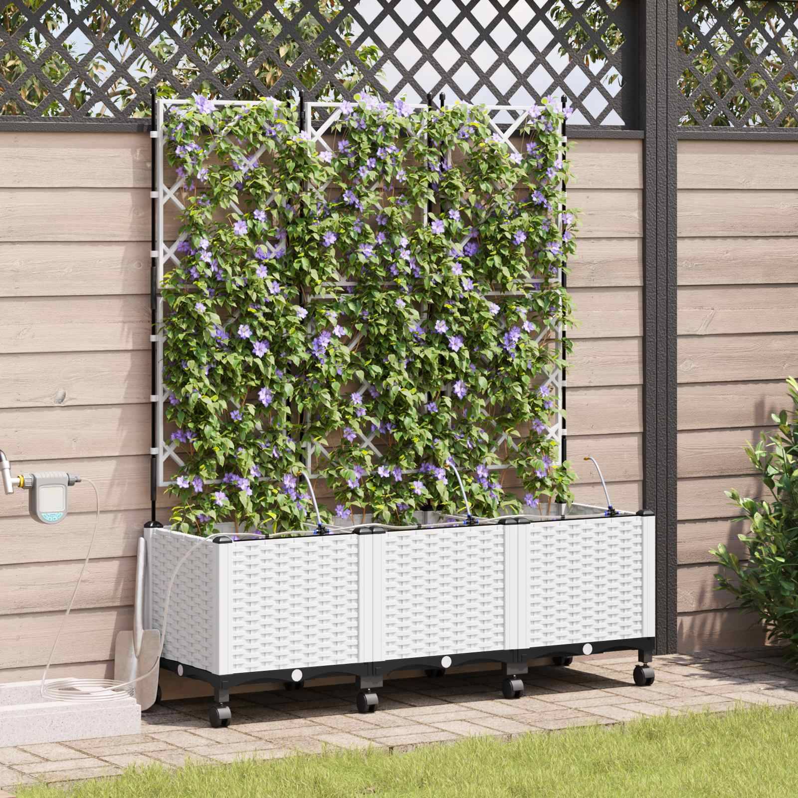 vidaXL Garten Blumenkübel mit Bewässerung und Rädern 3 Stk. Weiß PP
