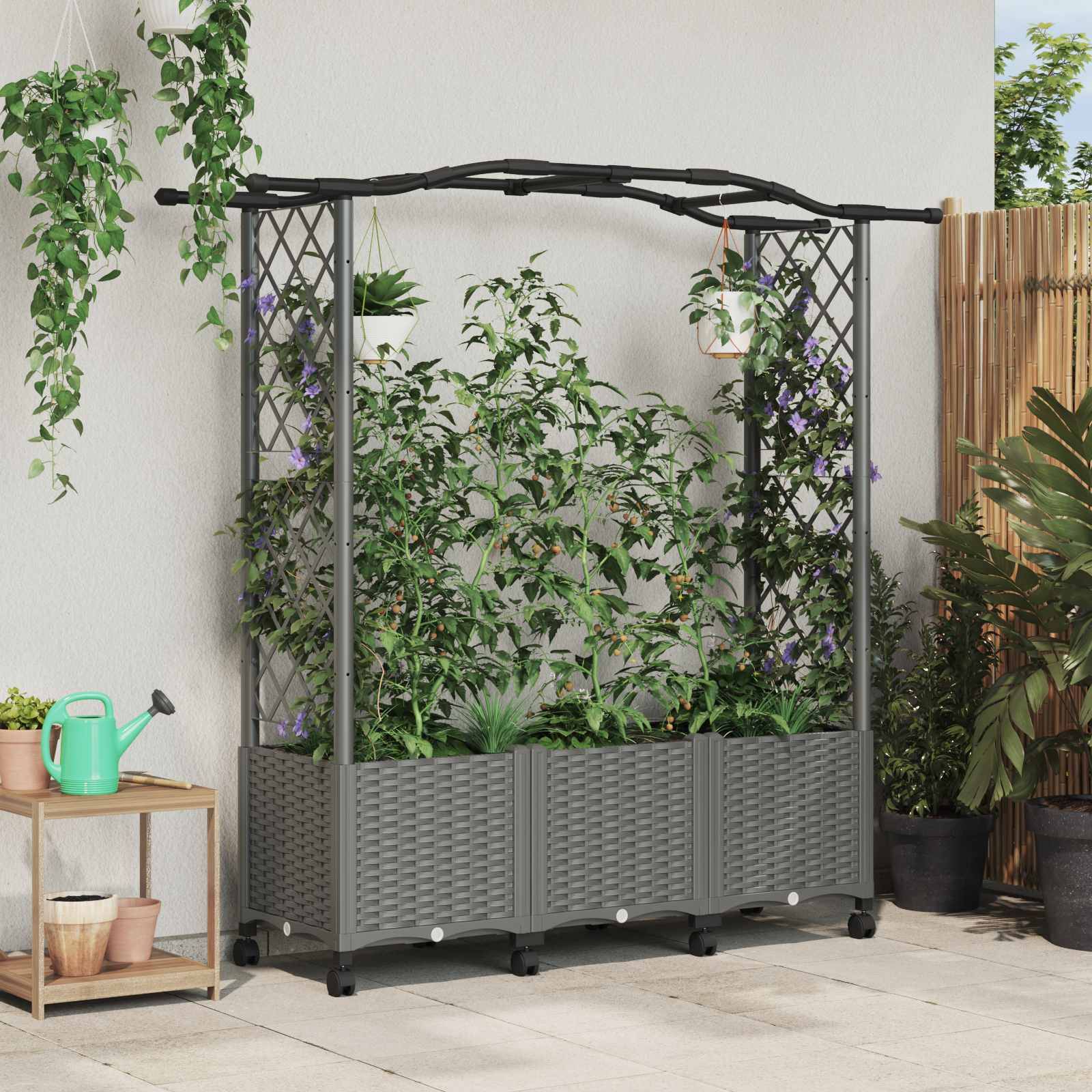 vidaXL Hochbeet mit Rankgitter und Dach Hellgrau 164 x 40 x 144 cm PP