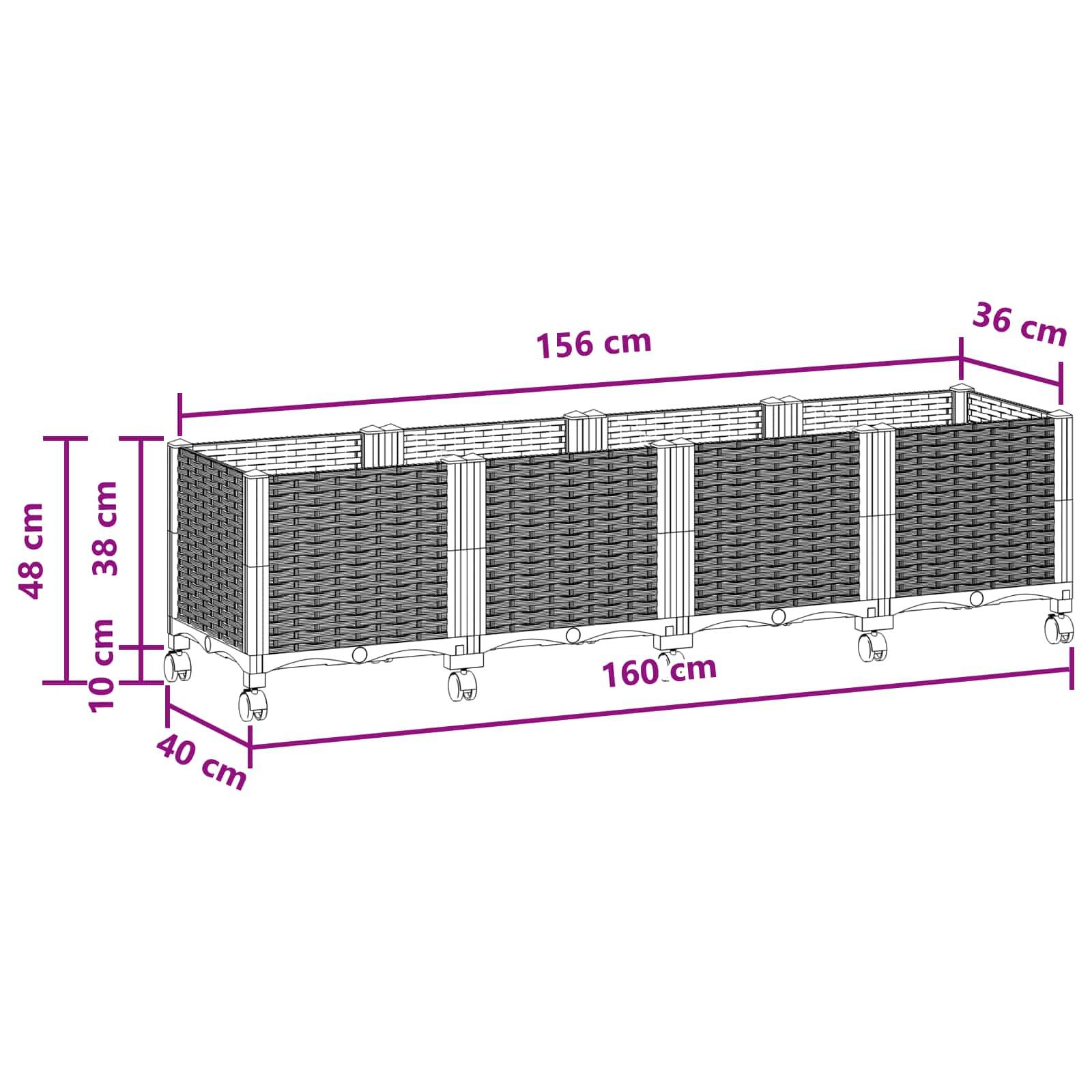 vidaXL Gartenpflanzer mit Rädern Schwarz 160 x 40 x 44 cm PP