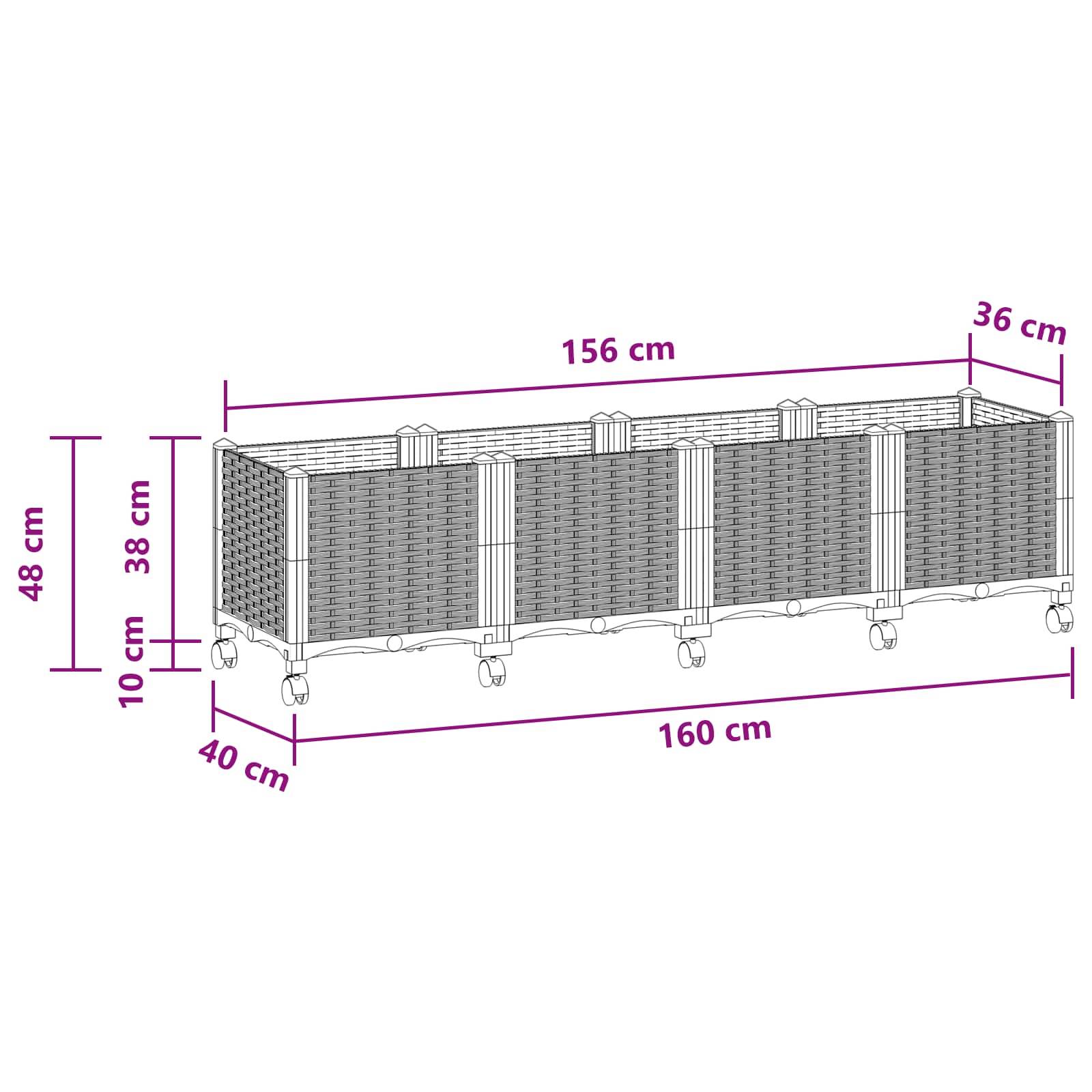 vidaXL Gartenpflanzer mit Rädern Hellgrau 160 x 40 x 48 cm PP