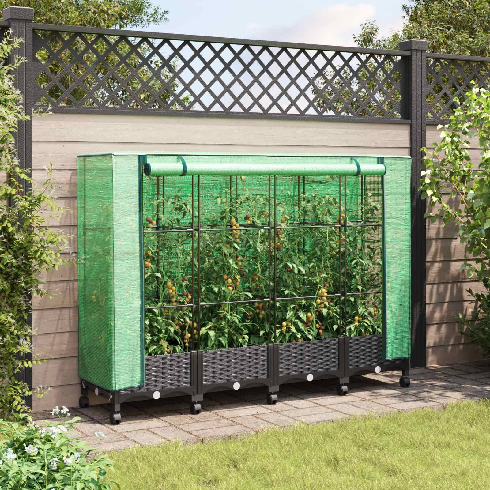 vidaXL Gartenplanter mit Gewächshausabdeckung und Rädern 4 Stk. PP