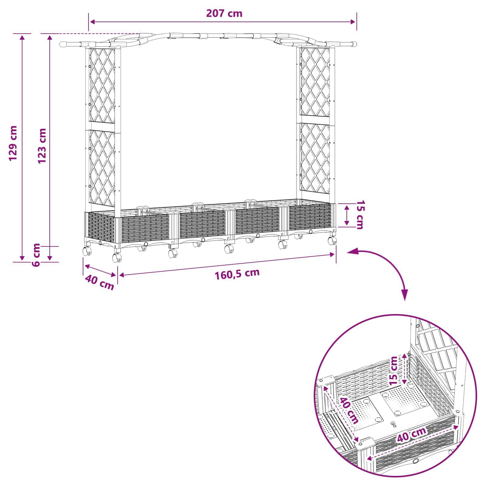 vidaXL Hochbeet mit Rankgitter und Dach Braun 207 x 40 x 129 cm PP