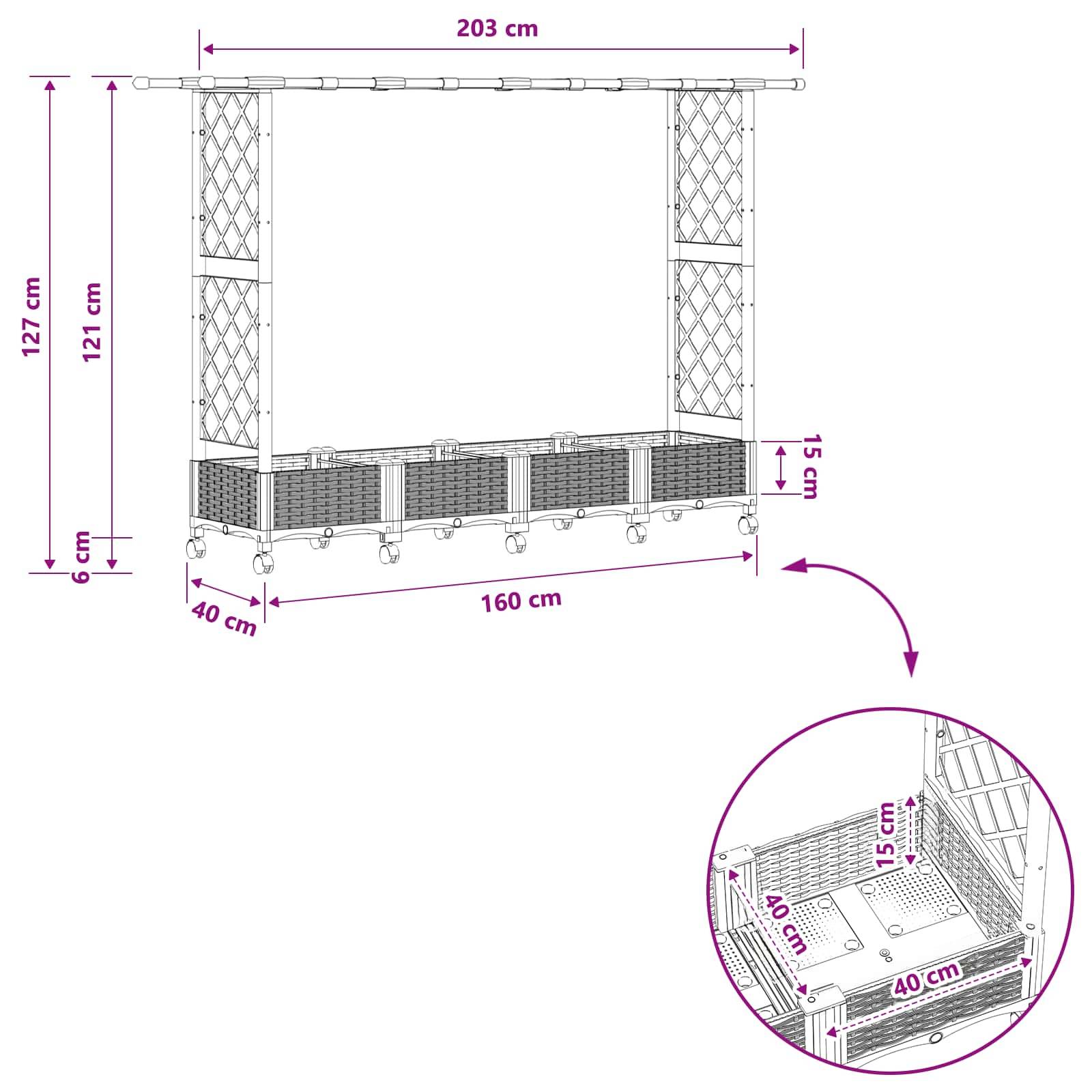 vidaXL Hochbeet mit Rankgitter und Dach Braun 203 x 40 x 127 cm PP