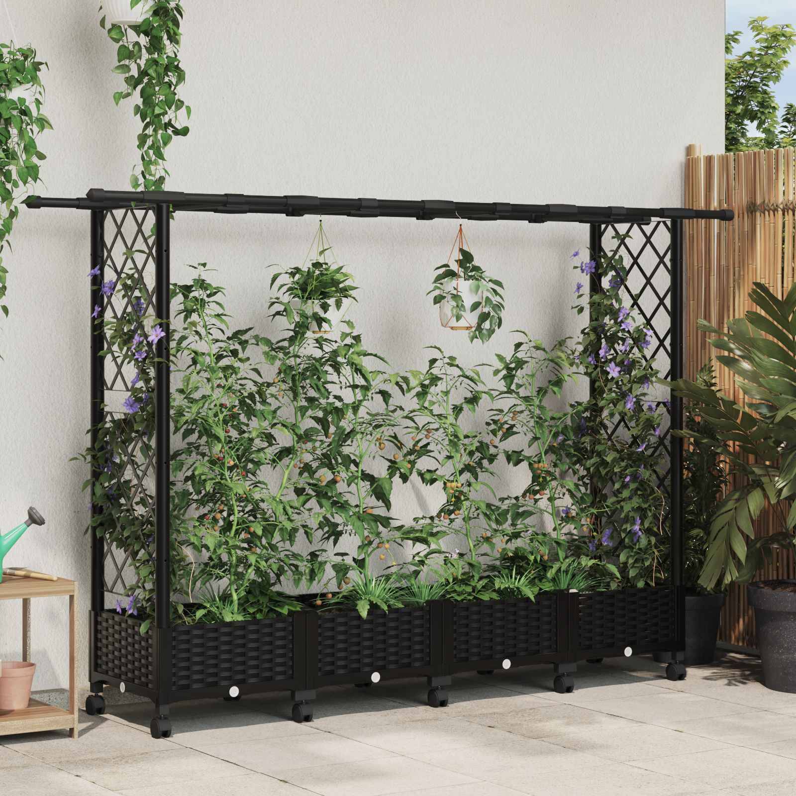 vidaXL Hochbeet mit Rankgitter und Dach Schwarz 203 x 40 x 127 cm PP