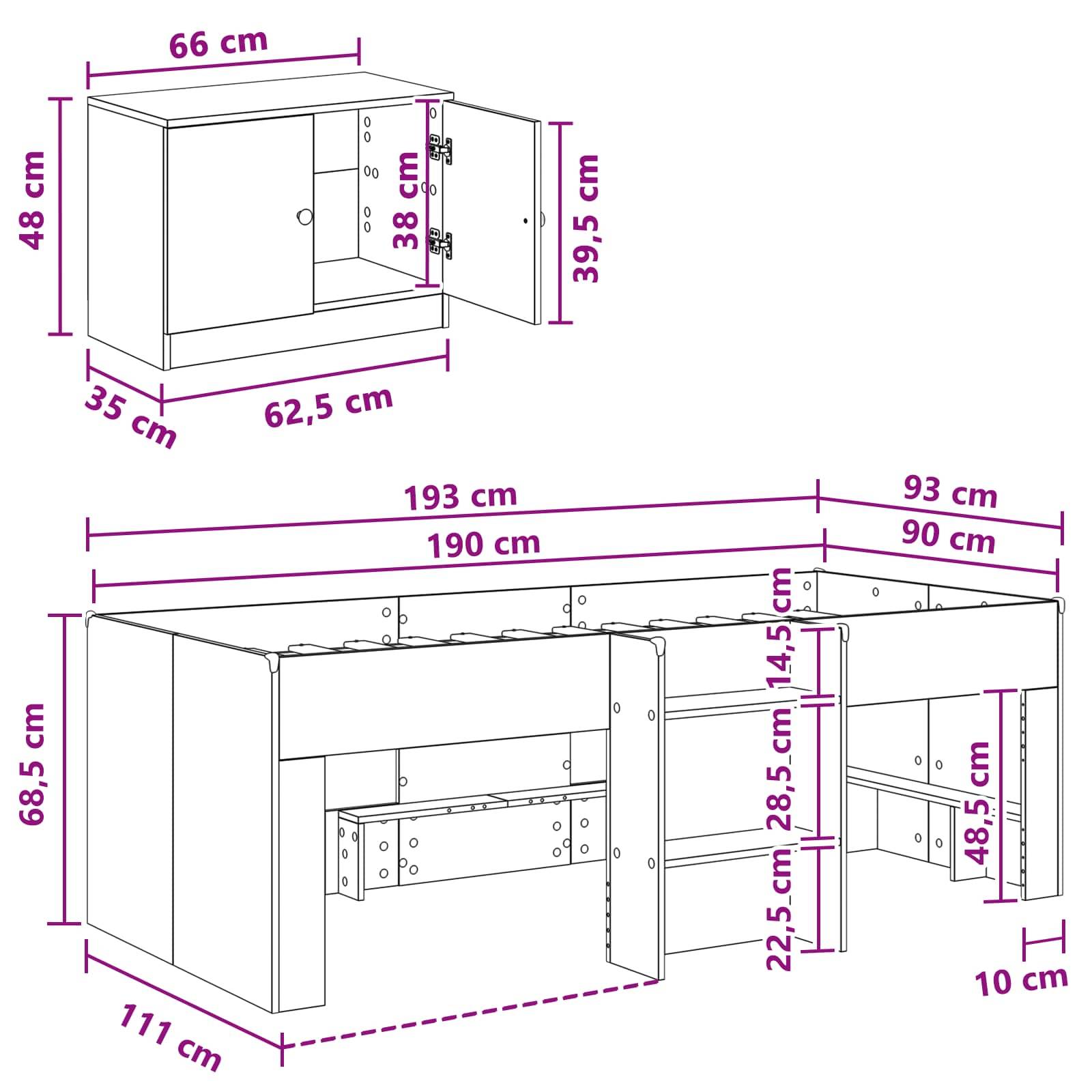 vidaXL Loft Bettgestell mit Schrank 3 Stk. Betongrau Holzwerkstoff