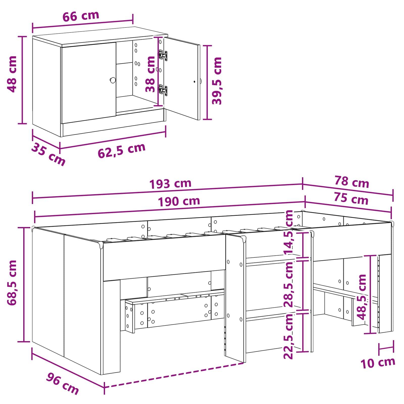 vidaXL Loft Bettgestell mit Schrank 3 Stk. Betongrau Holzwerkstoff