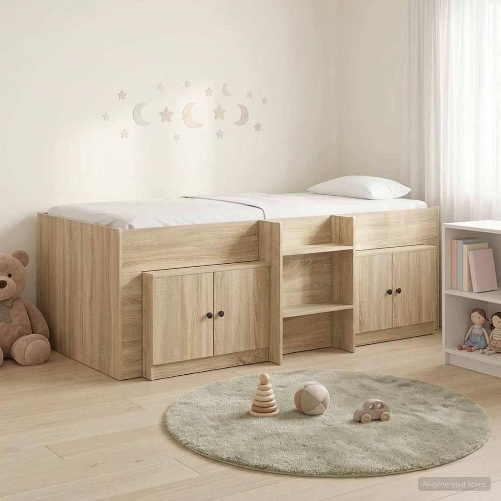 Kinderbett mit integrierten Schubladen und Regalen in einem hellen Kinderzimmer, mit Spielzeug, Teppich, Teddybär und Mond- und Sterne-Wandaufklebern.