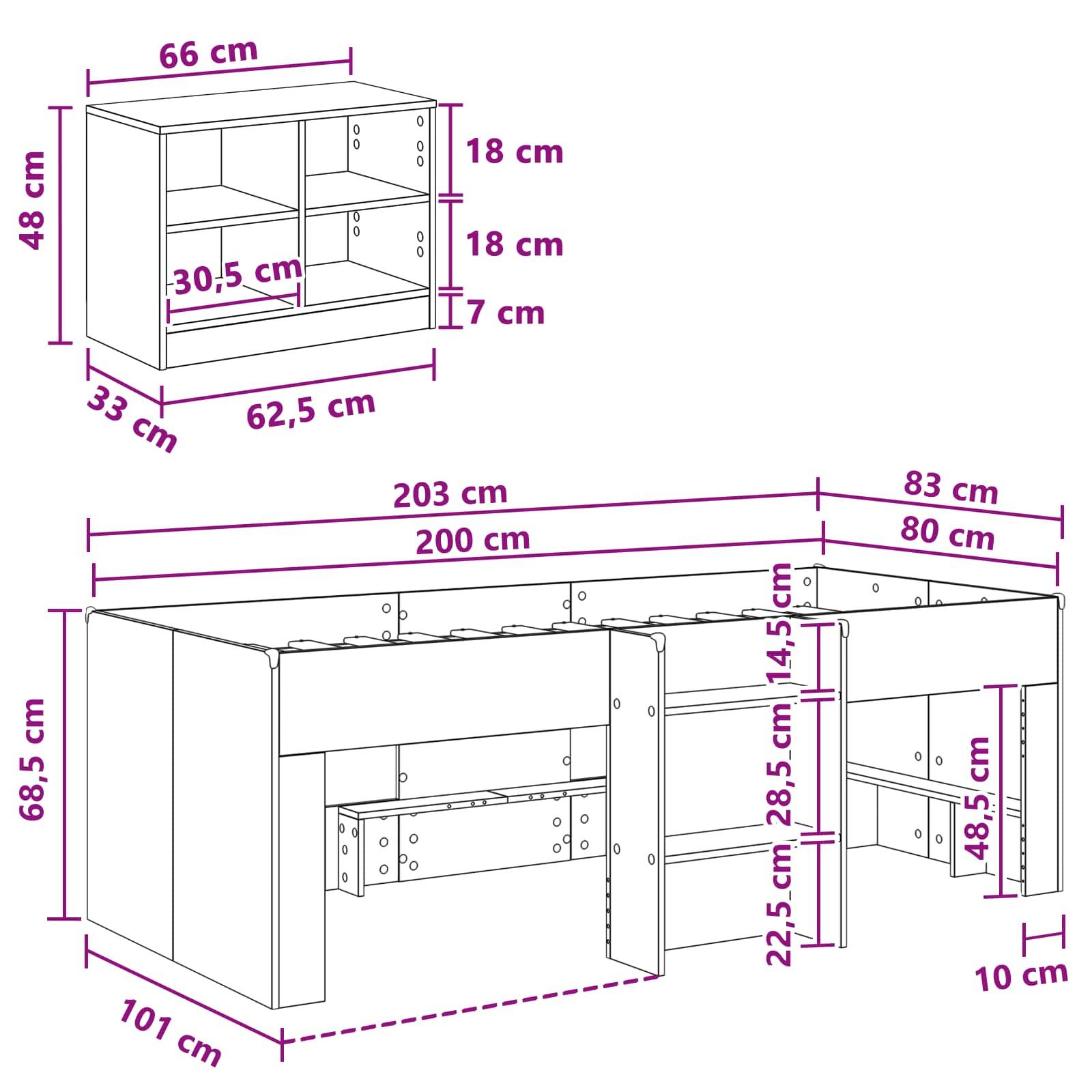 vidaXL Loft Bettgestell mit Schrank 3 Stk. Betongrau Holzwerkstoff