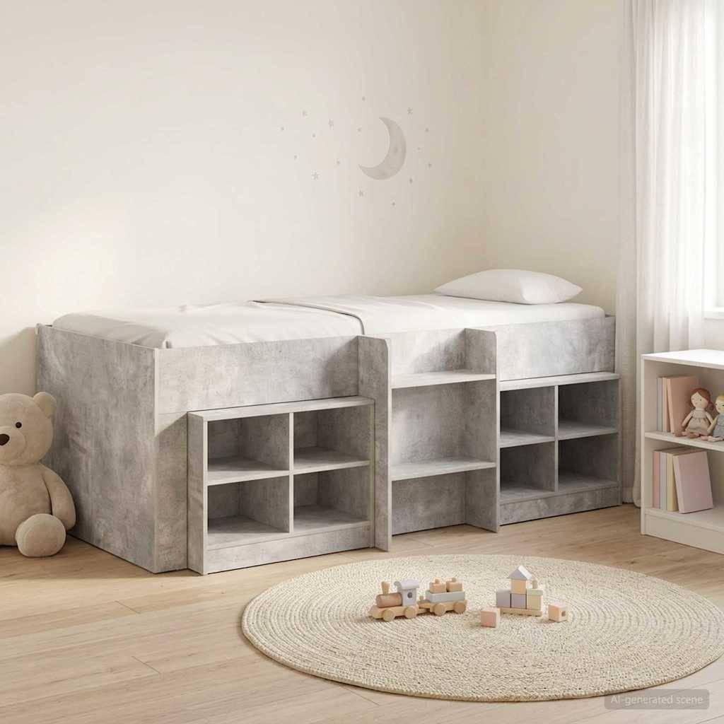 vidaXL Loft Bettgestell mit Schrank 3 Stk. Betongrau Holzwerkstoff