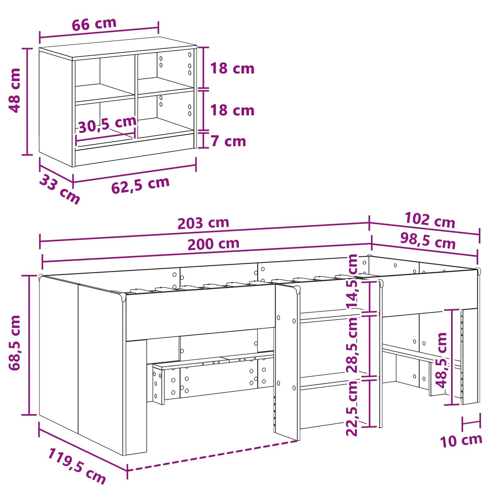 vidaXL Loft Bettgestell mit Schrank 3 Stk. Grau Sonoma Holzwerkstoff