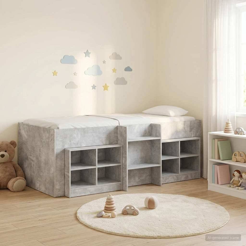 vidaXL Loft Bettgestell mit Schrank 3 Stk. Betongrau Holzwerkstoff