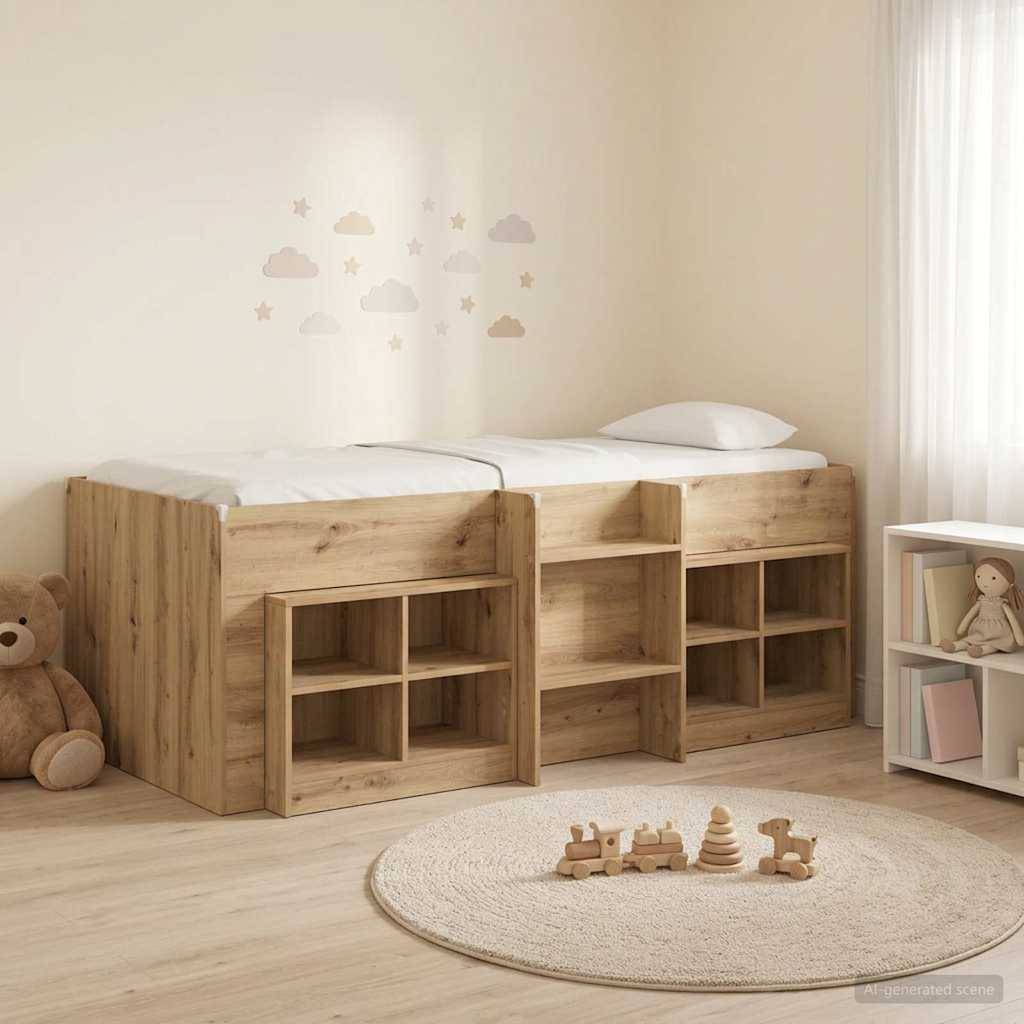 Holzbett für Kleinkinder mit eingebauten Stauraum-Fächern in einem minimalistischen Kinderzimmer, mit Kissen, Teppich, Spielzeug und Wandtattoos.