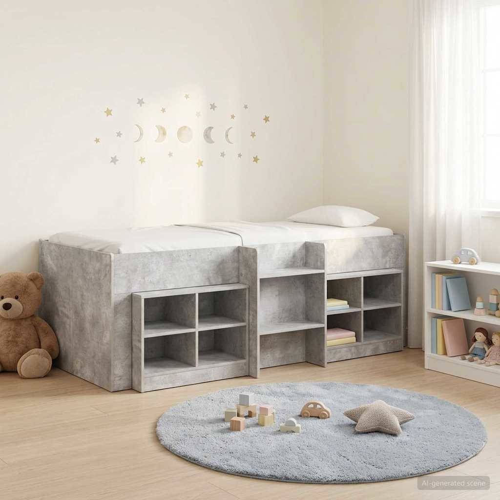 vidaXL Loft Bettgestell mit Schrank 3 Stk. Betongrau Holzwerkstoff