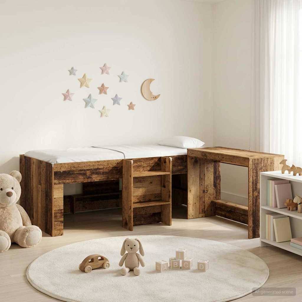 Kinderzimmer mit zwei rustikalen Holzbetten, pastellfarbenen Stern-Wandaufklebern, einem Teddybären und Spielzeug auf einem runden Teppich.
