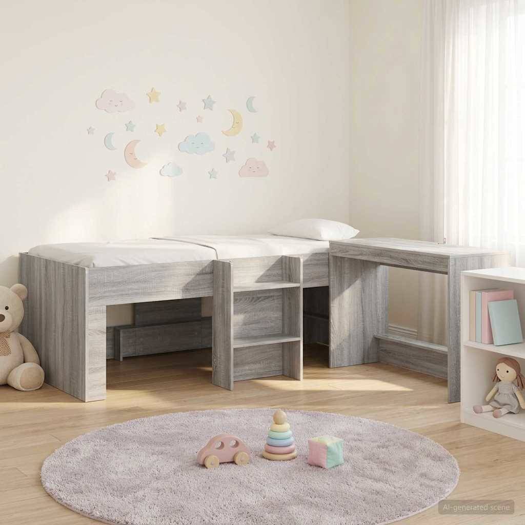 vidaXL Bettgestell mit Schreibtisch 2 Stk. Grau Sonoma Holzwerkstoff