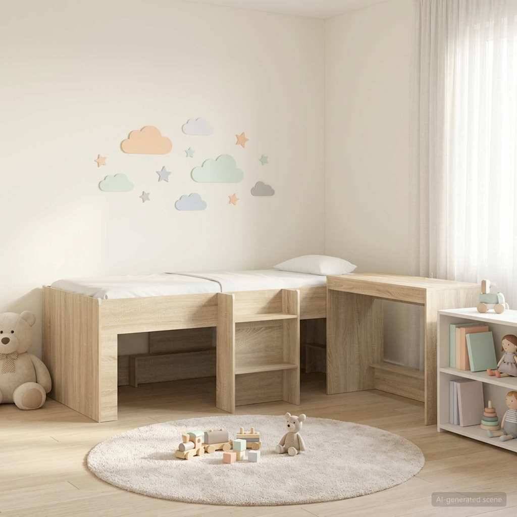 Minimales Kinderzimmer in Pastelltönen mit zwei niedrigen Betten, rundem Teppich mit Spielzeug, Wandaufklebern in Wolkenform, Regalen und einem Teddybären.