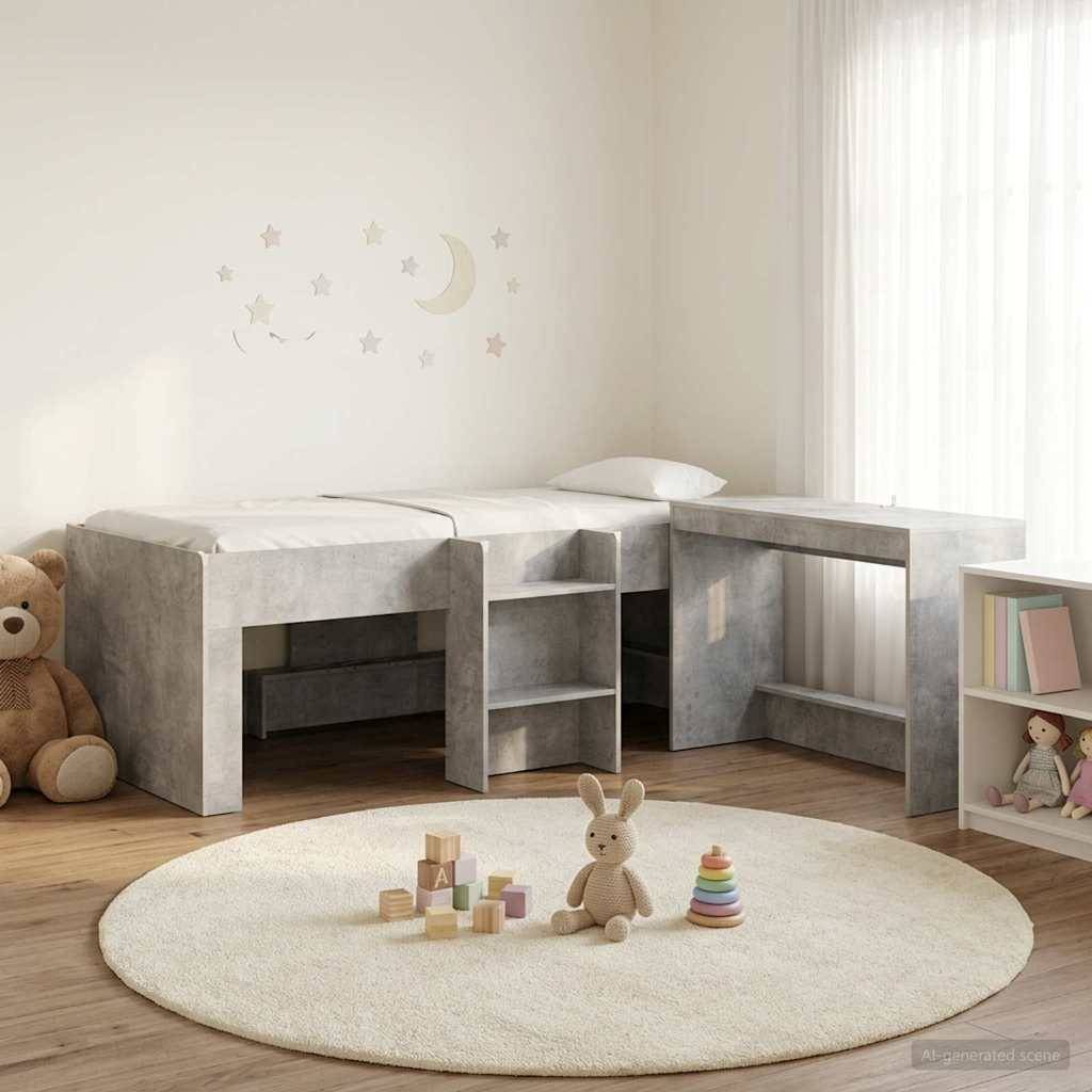 vidaXL Hochbett mit Schreibtisch für Kinder Betongrau 75 x 190 cm