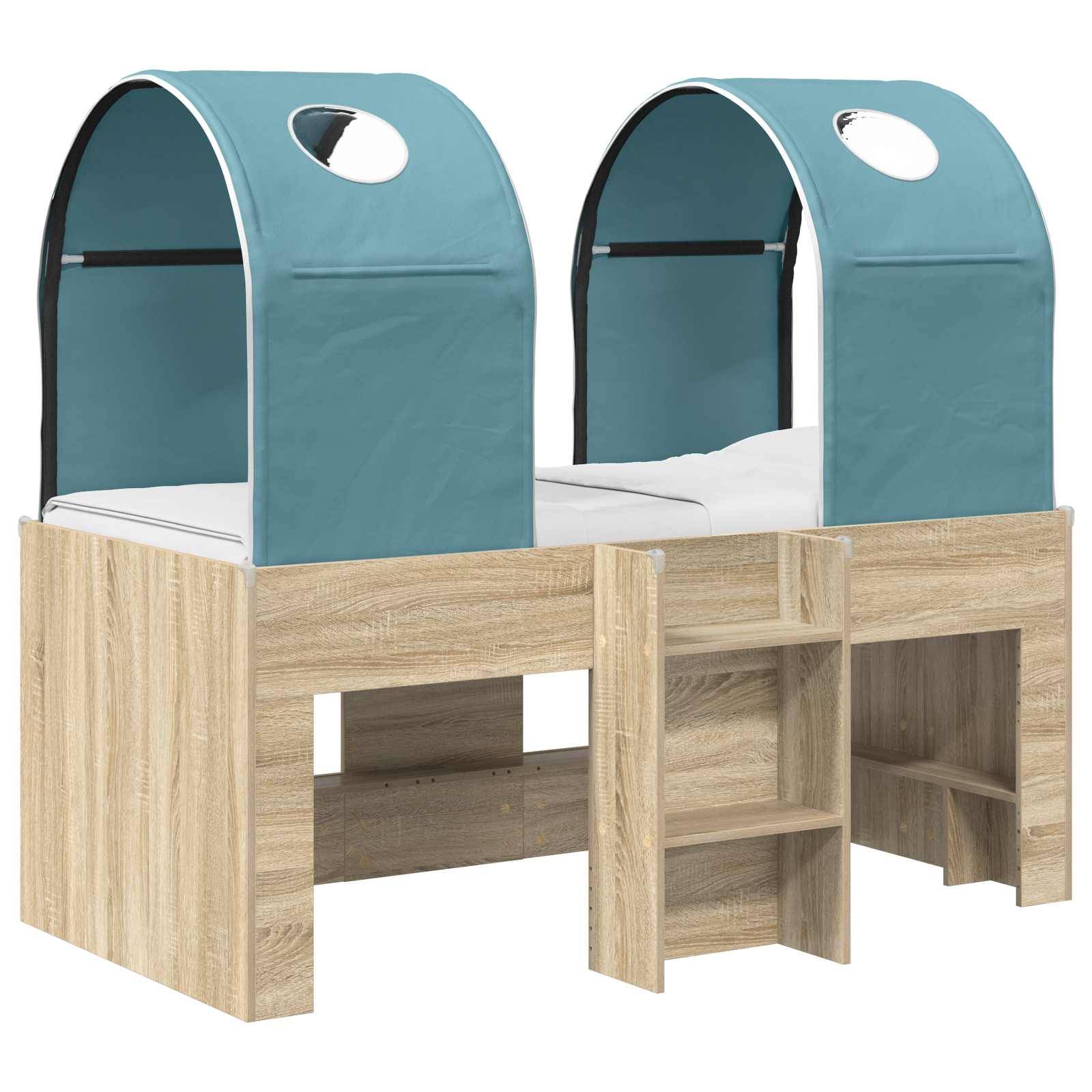 Etagenbett aus Holz mit zwei blauen Stoffdach-Pods und integrierten zentralen Stufen/Regalen zum Klettern zwischen den Ebenen.
