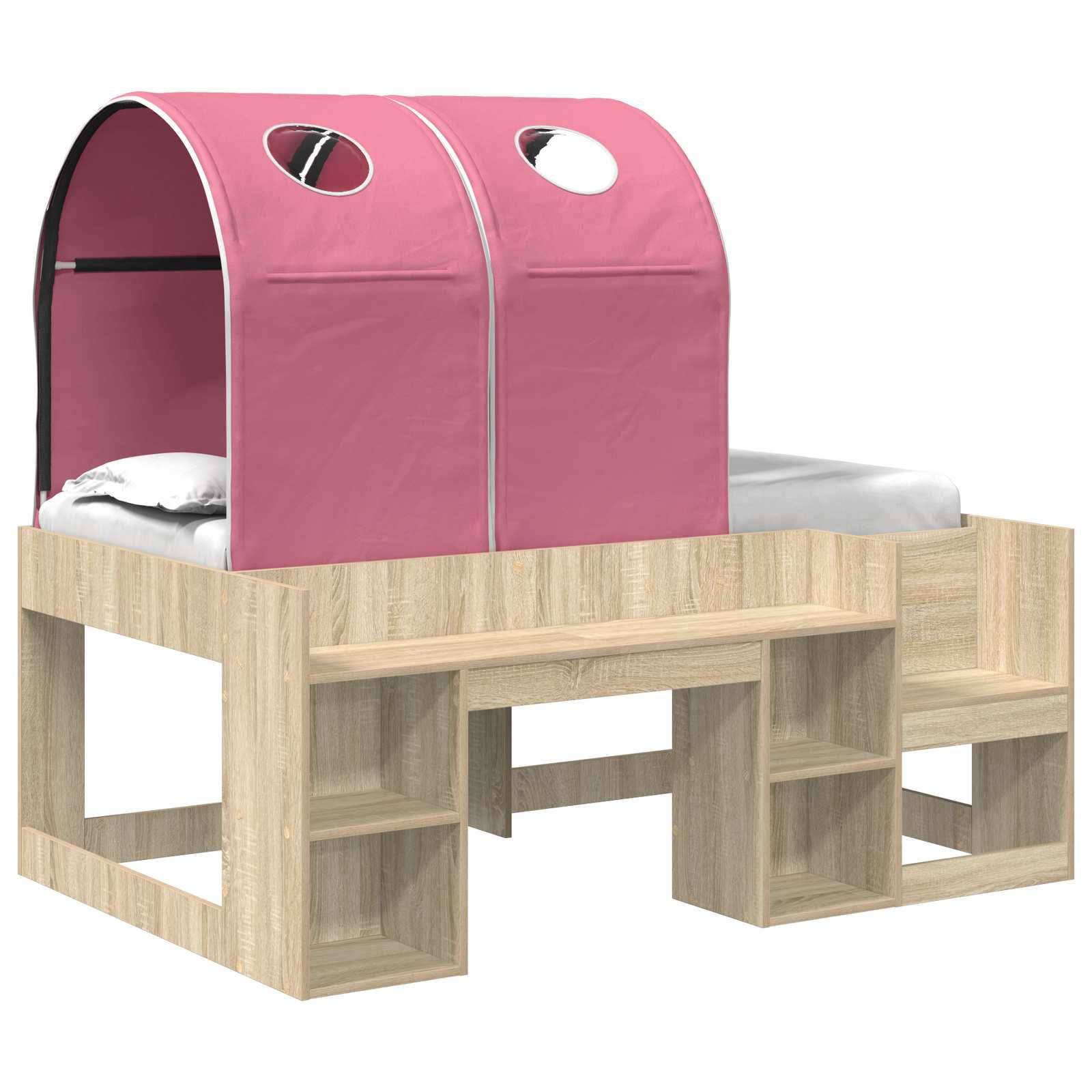Kinderbett mit hellem Holzrahmen und Stauraum, Stufen, rosa Spielzeltdach und kleiner Matratze.