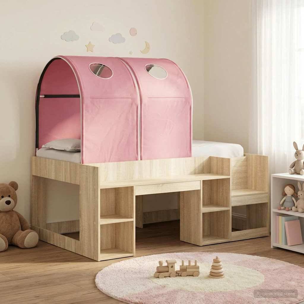Hochbett für Kinder mit rosa Zeltvordach und integrierten Stufen, gezeigt in einem sanft dekorierten Kinderzimmer mit Spielzeug und einem Teppich.