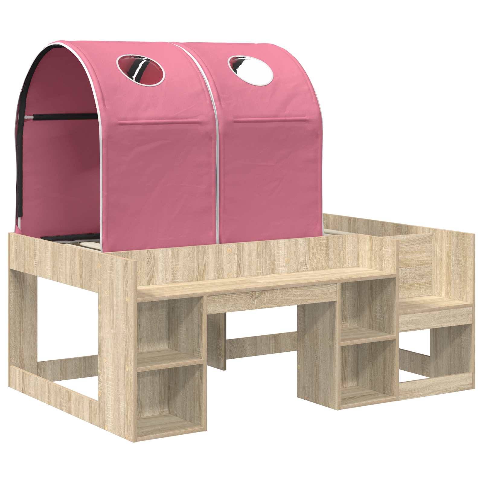 Holzbett mit Hochebene, integriertem Schreibtisch und Regalen, oben mit einem rosa Stoffspielzelt mit runden Fenstern.