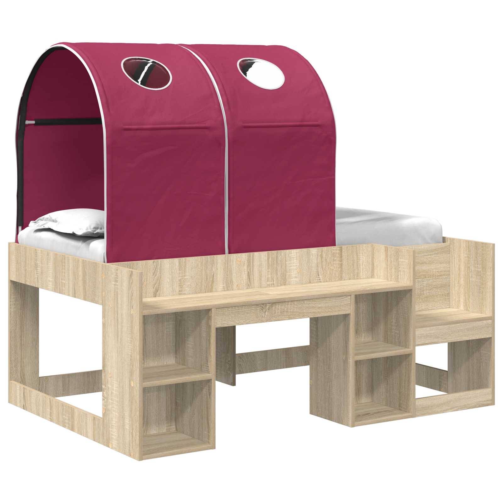 Holzbett im Loft-Stil mit integrierten Stufen und Regalen, gekrönt von einem burgunderroten Stoff-Zeltdach mit runden Fenstern.