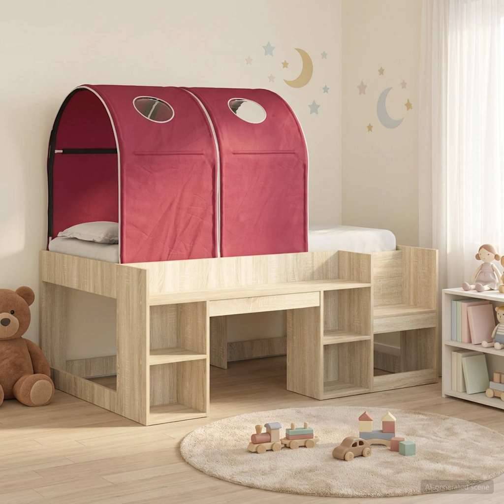 Kinderhochbett mit rotem Zeltdach, integrierten Treppen und Regalen, im hellen Beige-Kinderzimmer/Spielzimmer mit Spielzeug und Mond-Wanddekorationen eingerichtet.