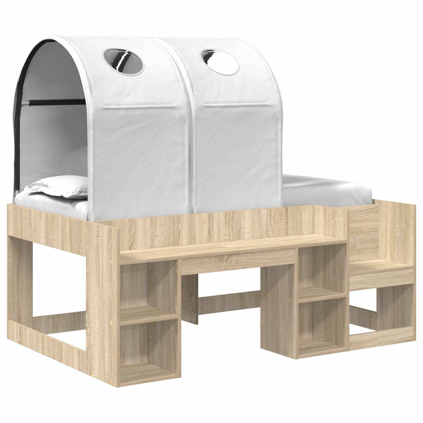 Hochbett aus Holz mit integrierten Treppen, Regalen und einem weißen zeltartigen Himmel über der Matratze