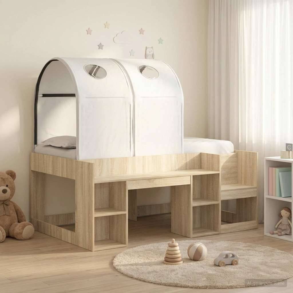 Kinderhochbett mit zwei weißen zeltartigen Schlafkabinen, integrierten Treppen und Regalen in einem hellen, minimalistischen Schlafzimmer mit Spielzeug und einem Teppich.