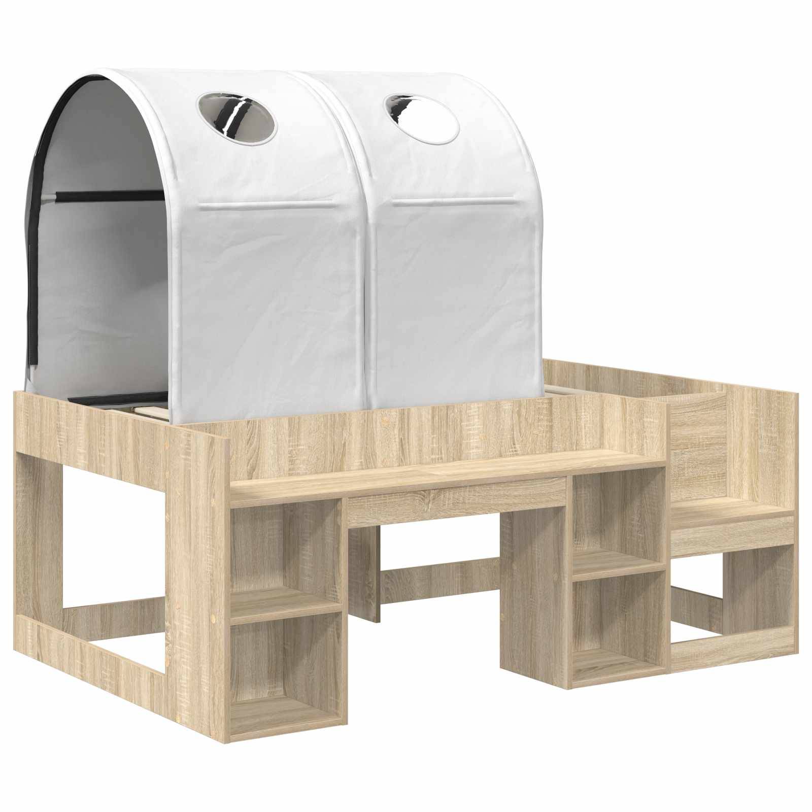 Etagenbett für Kinder aus Holz mit integrierten Stufen und Regalen, gekrönt von zwei weißen gewölbten Zelthimmel mit runden Fenstern.