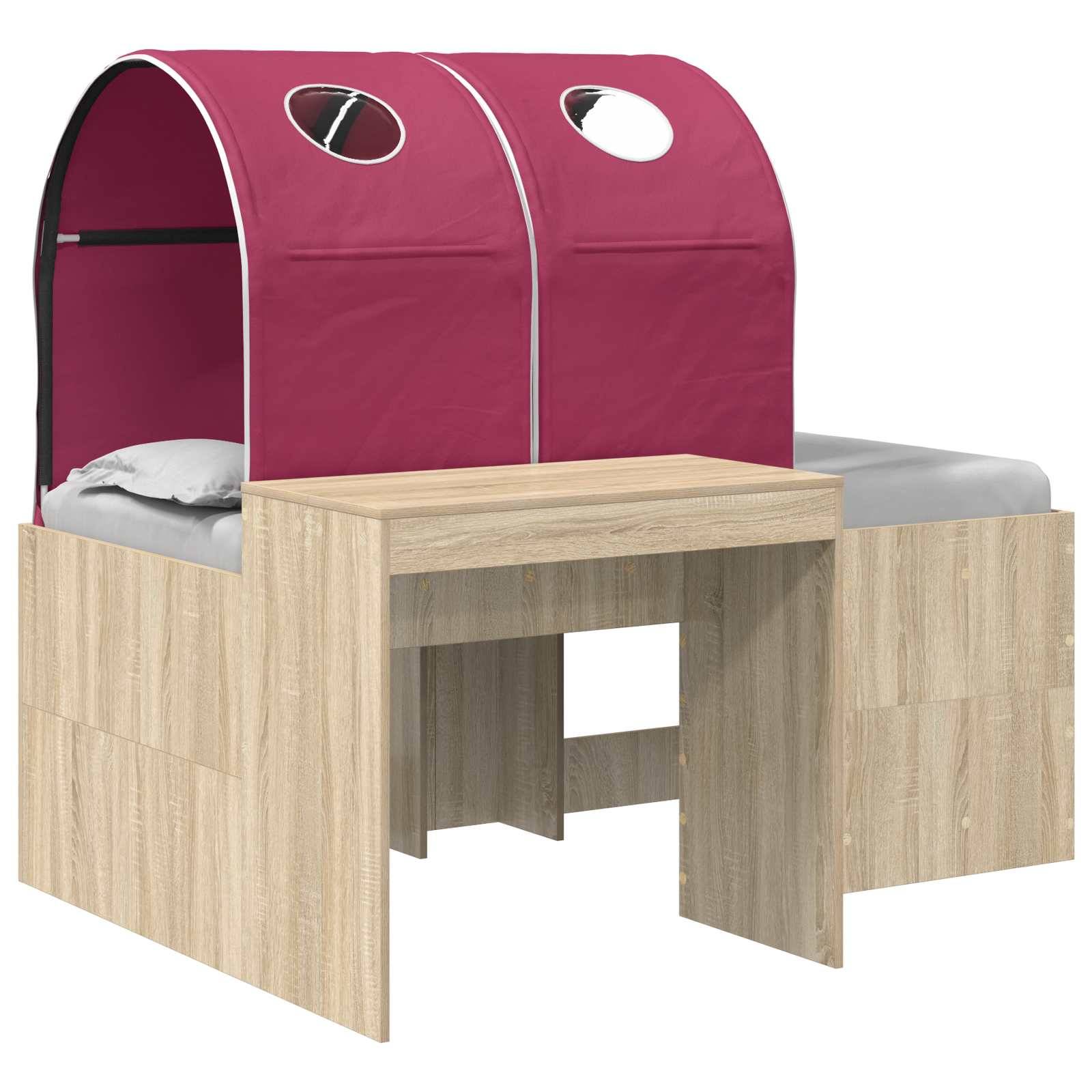 Holzbett für Kinder mit zwei Schlafplätzen und einem kleinen zentralen Tisch/Schreibtisch, gekrönt von rosafarbenen Stoffdachbögen mit ovalen Fenstern.