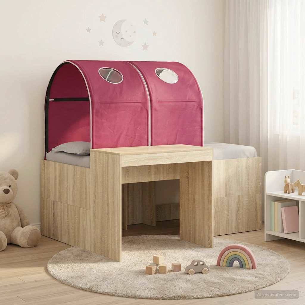 Kinderhochbett mit magentafarbenem Himmel, integriertem Schreibtisch darunter und Spielbereich in einem Kinderzimmer aus hellem Holz.