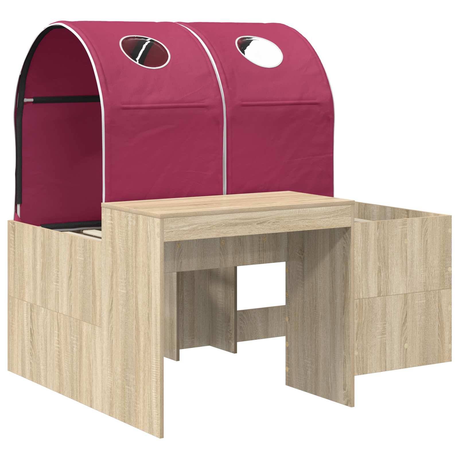 Holzkinderstand mit magentafarbenem Tunneldach und schreibtischähnlicher Öffnung an der Vorderseite, dargestellt als modulare Spiel- oder Aktivitätsmöbel.