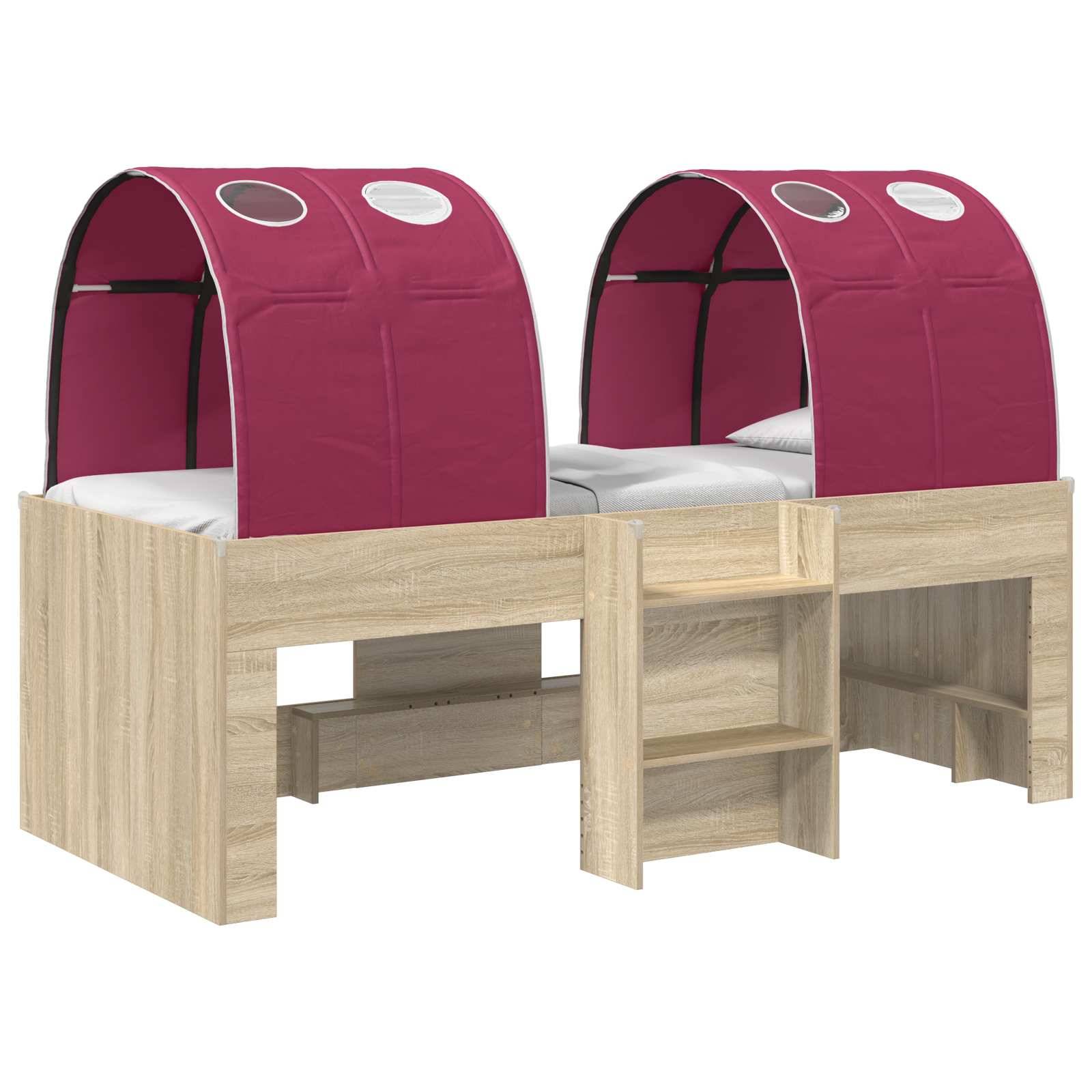 Holzbett mit zwei burgunderroten Himmelbett-ähnlichen Schlafkapseln und integrierten zentralen Treppen/Stauraum, dargestellt auf weißem Hintergrund.