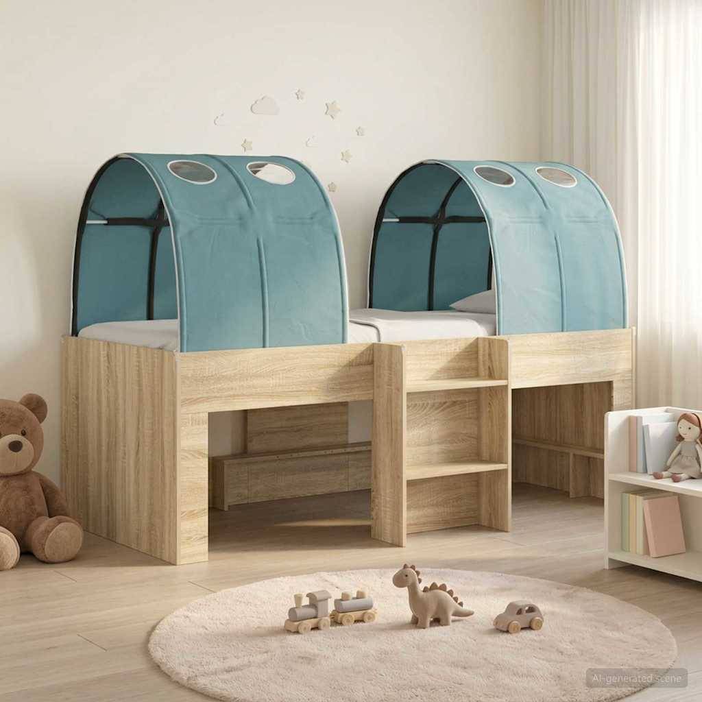 Kinderetagenbett mit zwei türkisfarbenen gewölbten Zeltdächern, zentraler Leiter und Spielbereich darunter in einem sanft dekorierten Kinderzimmer.