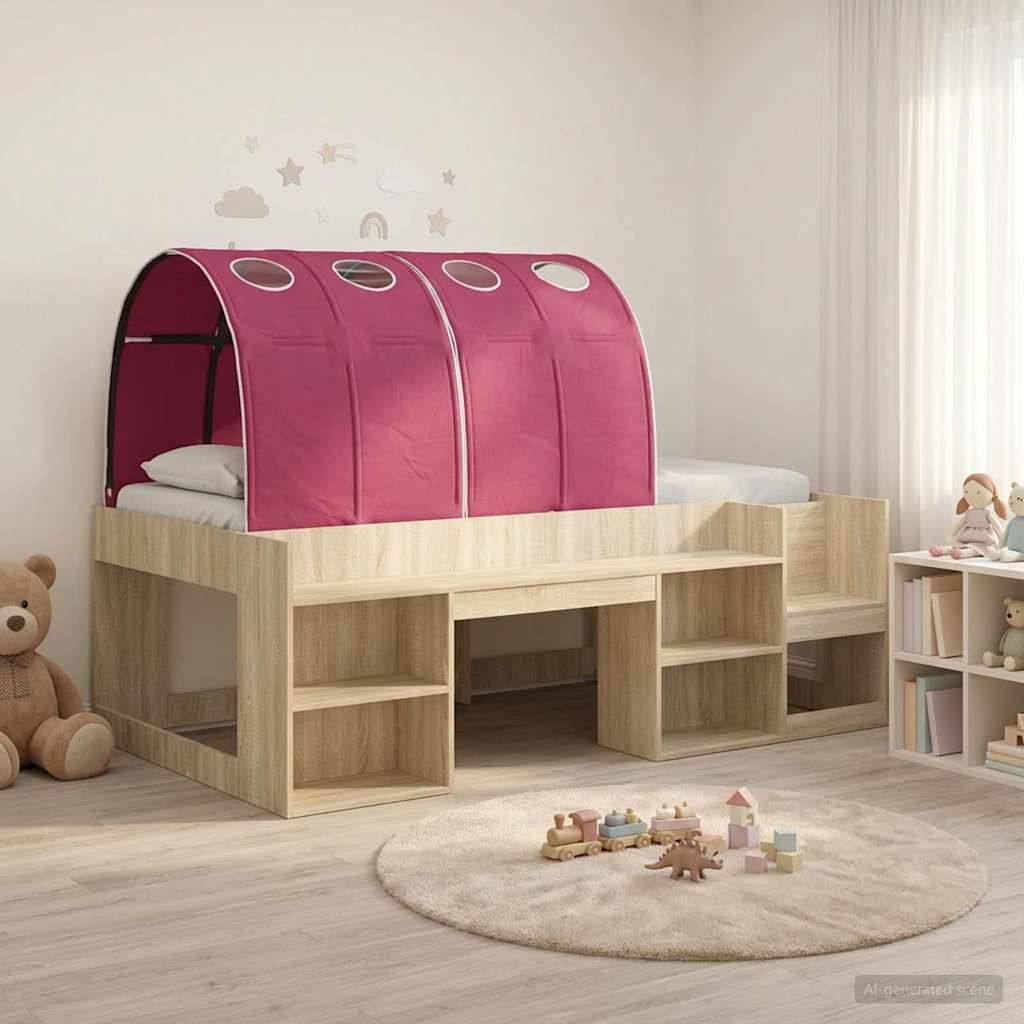 vidaXL Bett mit Tunnel mit Regal 3 Stk. Sonoma und Rot Holzwerkstoff