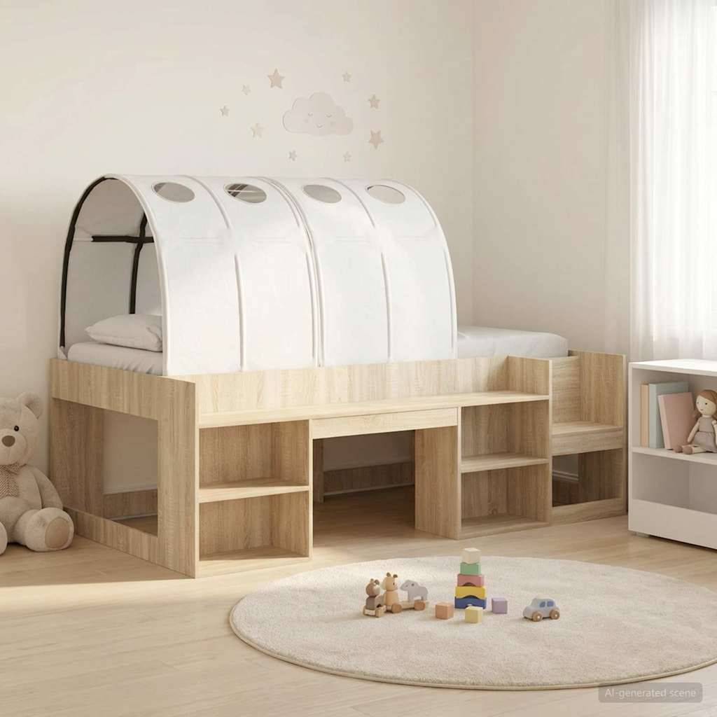 Hochbett für Kinder mit integriertem Stauraum und weißem Zeltdach in einem hellen Kinderspielzimmer.
