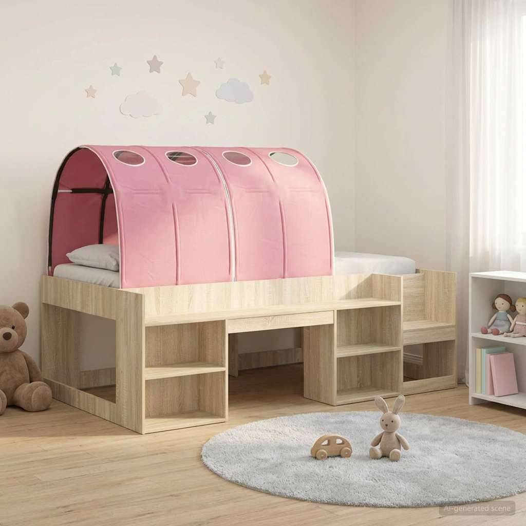 Kinderbett mit Holzlagerstufen und rosa Baldachenzelt in einem weichen, ordentlichen Kinderzimmer
