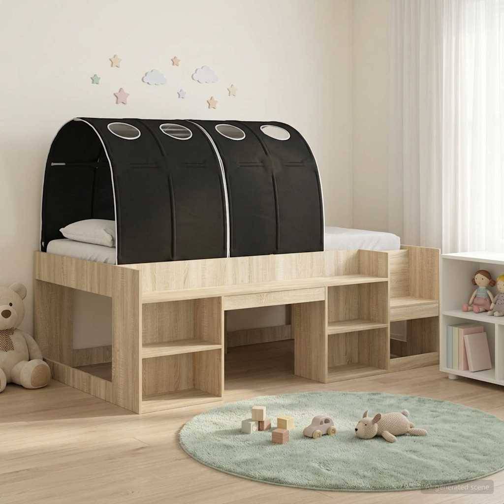 Hochbett für Kinder mit integrierten Regalen und Treppen, schwarzem Himmel, in einem hellen Spielzimmer mit Spielzeug und rundem Teppich.
