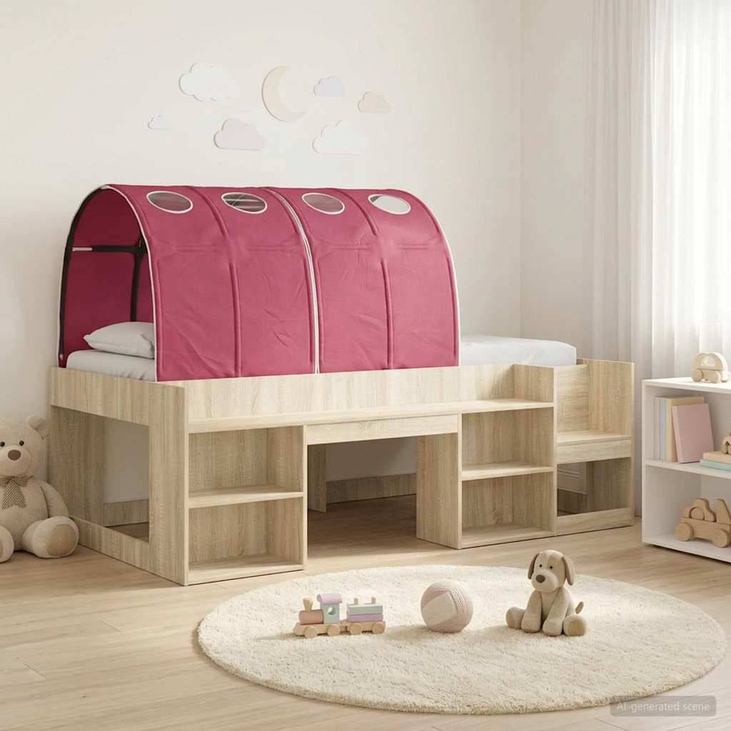 Kinderhochbett mit rosa Baldachin und integrierten Treppen, in einem hellen Kinderzimmer mit Spielzeug und Teppich darunter.
