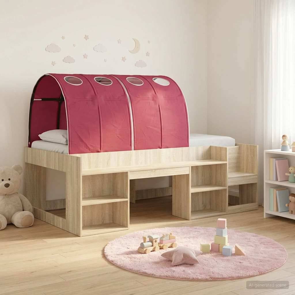 Hochbett für Kinder mit rosa Himmel und integrierten Treppen, aufgestellt in einem sanften, modernen Kinderzimmer mit Teppich, Spielzeug und Teddy.