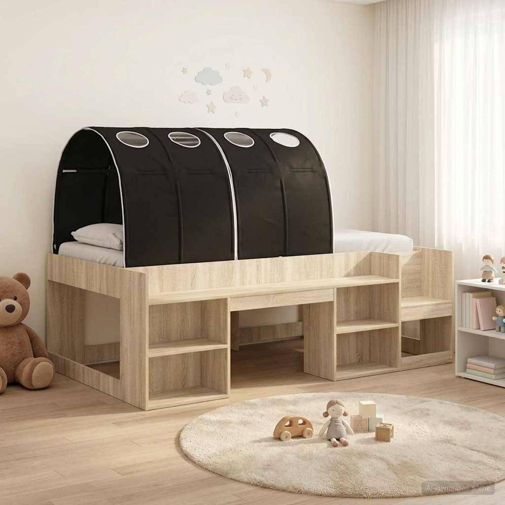 Kinderbett mit integriertem Spiel- und Staurahmem, schwarzem Himmel und Regalen in einem hellen Kinderzimmer mit Spielzeug und einem Teppich.