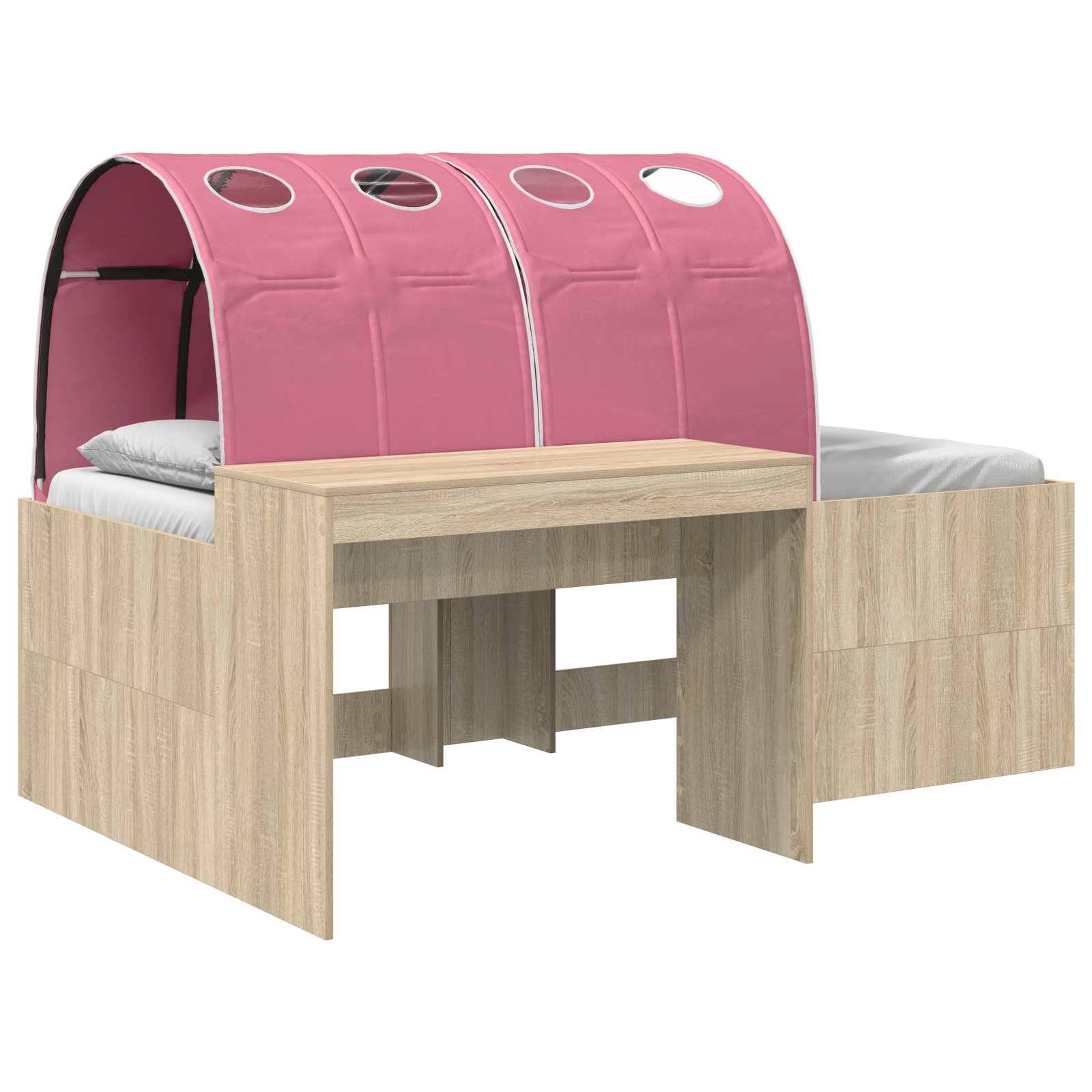 Holzbett für Kinder mit Etagenbetten, rosa geschwungenem Baldachin und eingebautem Schreibtisch darunter.